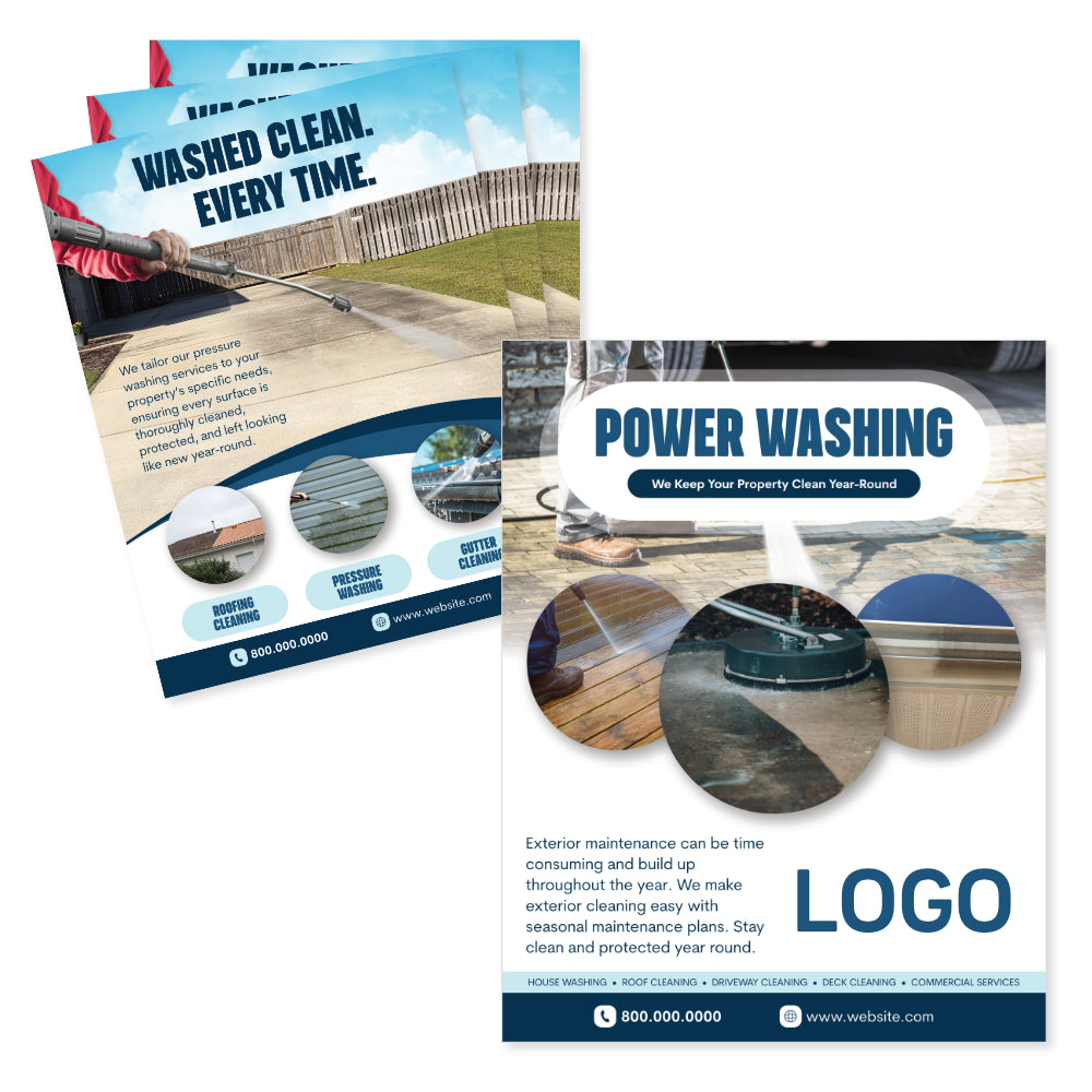 Power washing service flyer with text and images of cleaning a driveway and patio.