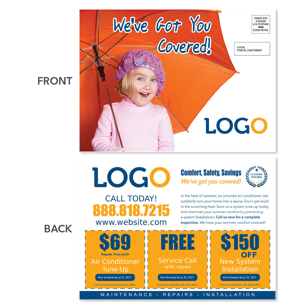 hvac heating eddm postcard girl holding umbrella