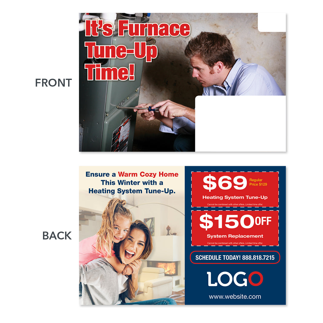 furnace postcard with technician and family