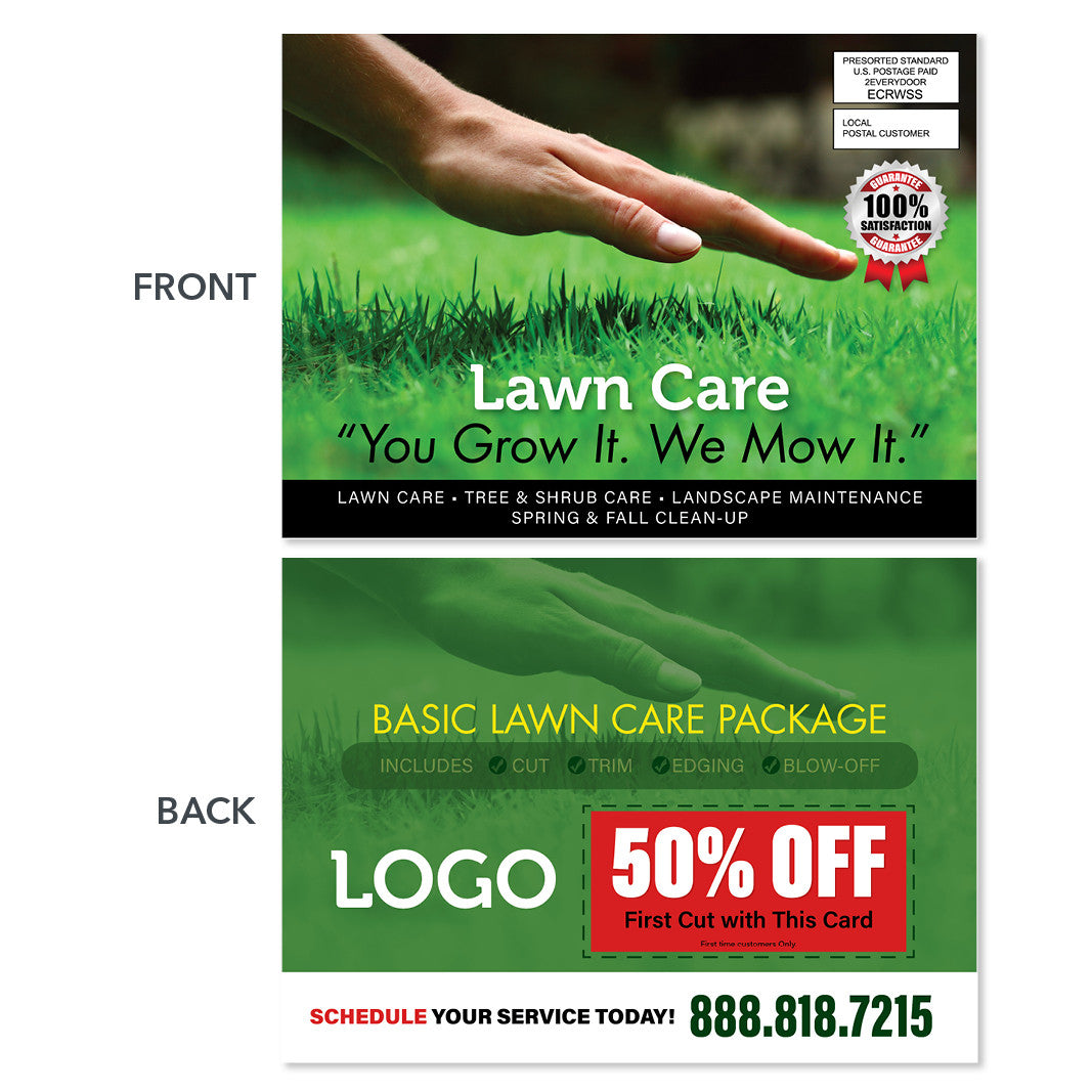 hand touching grass lawn care eddm postcard