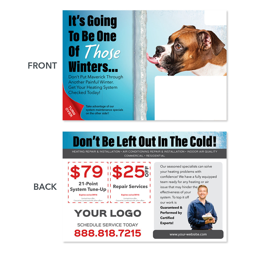 hvac heating maintenance postcard design with dog