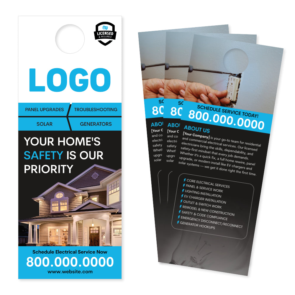 Electrical service door hanger with contact information and house image
