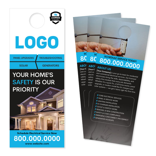 Electrical service door hanger with contact information and house image