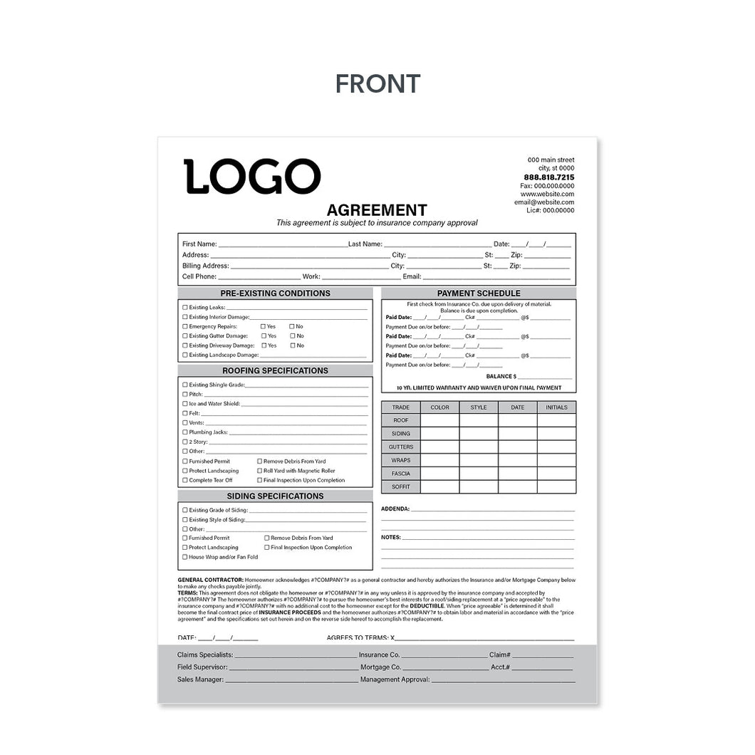 roofers carbonless invoice agreement form