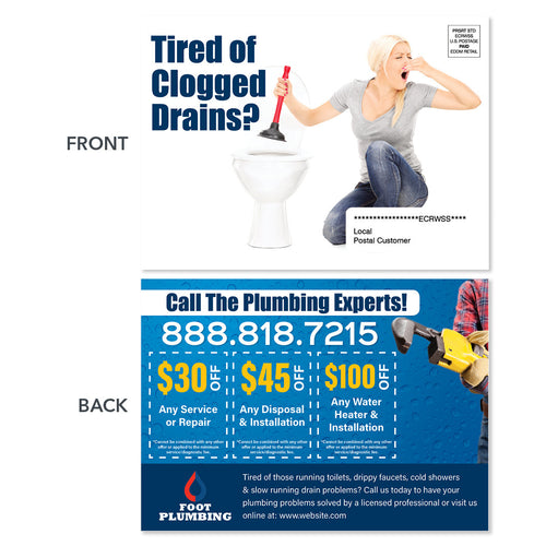 drain cleaning eddm postcard with woman plunger