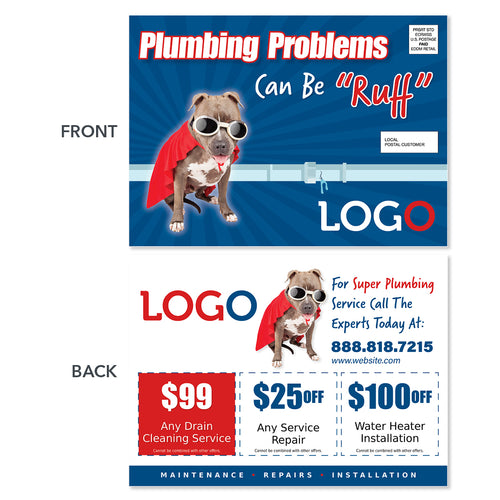 plumbing repair eddm postcard with super dog