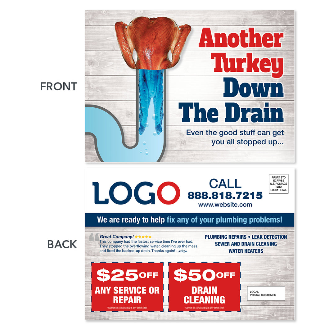 Thanksgiving plumbers eddm postcard for drain cleaning
