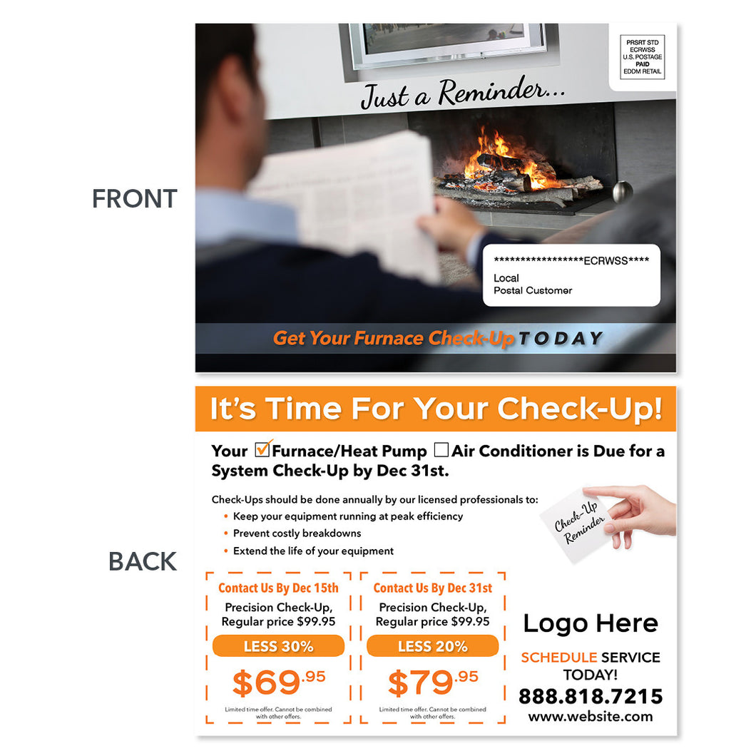 eddm hvac furnace postcard by fireplace