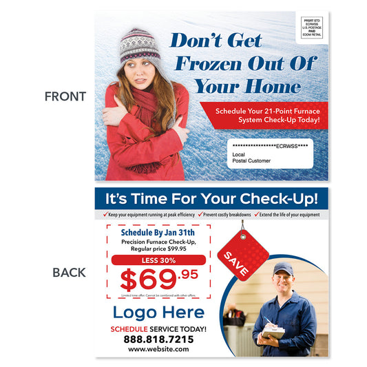 eddm hvac heating postcard with frozen woman