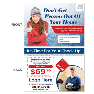 eddm hvac heating postcard with frozen woman