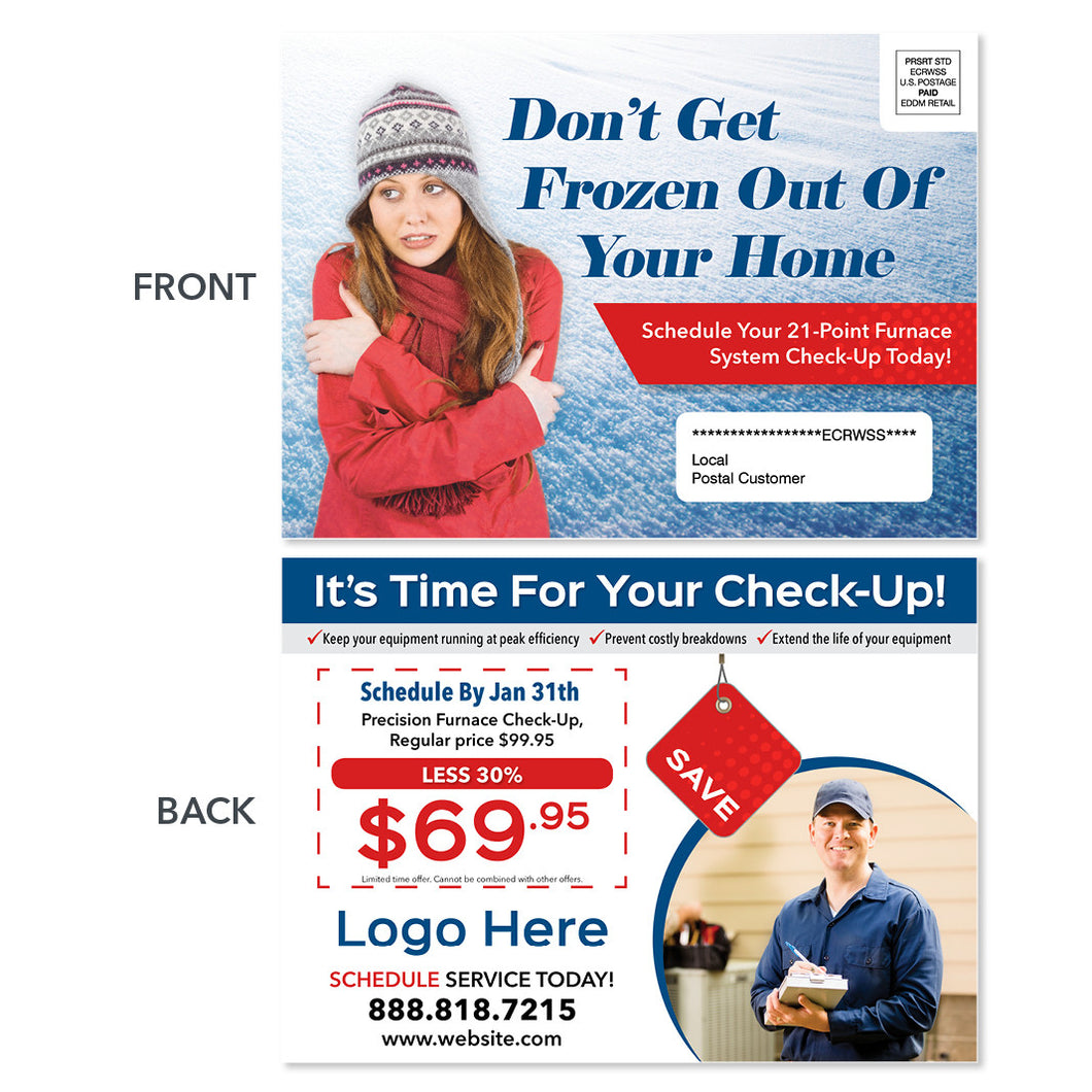 eddm hvac heating postcard with frozen woman