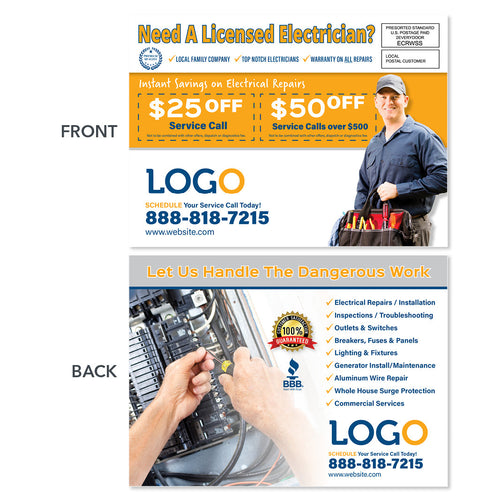 electricians eddm postcard with panel and tool bag