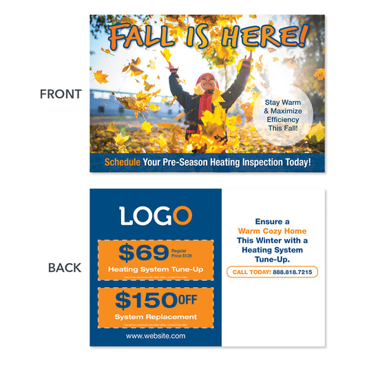 fall hvac heating postcard boy leaves