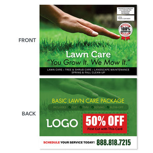 hand touching grass lawn care eddm postcard