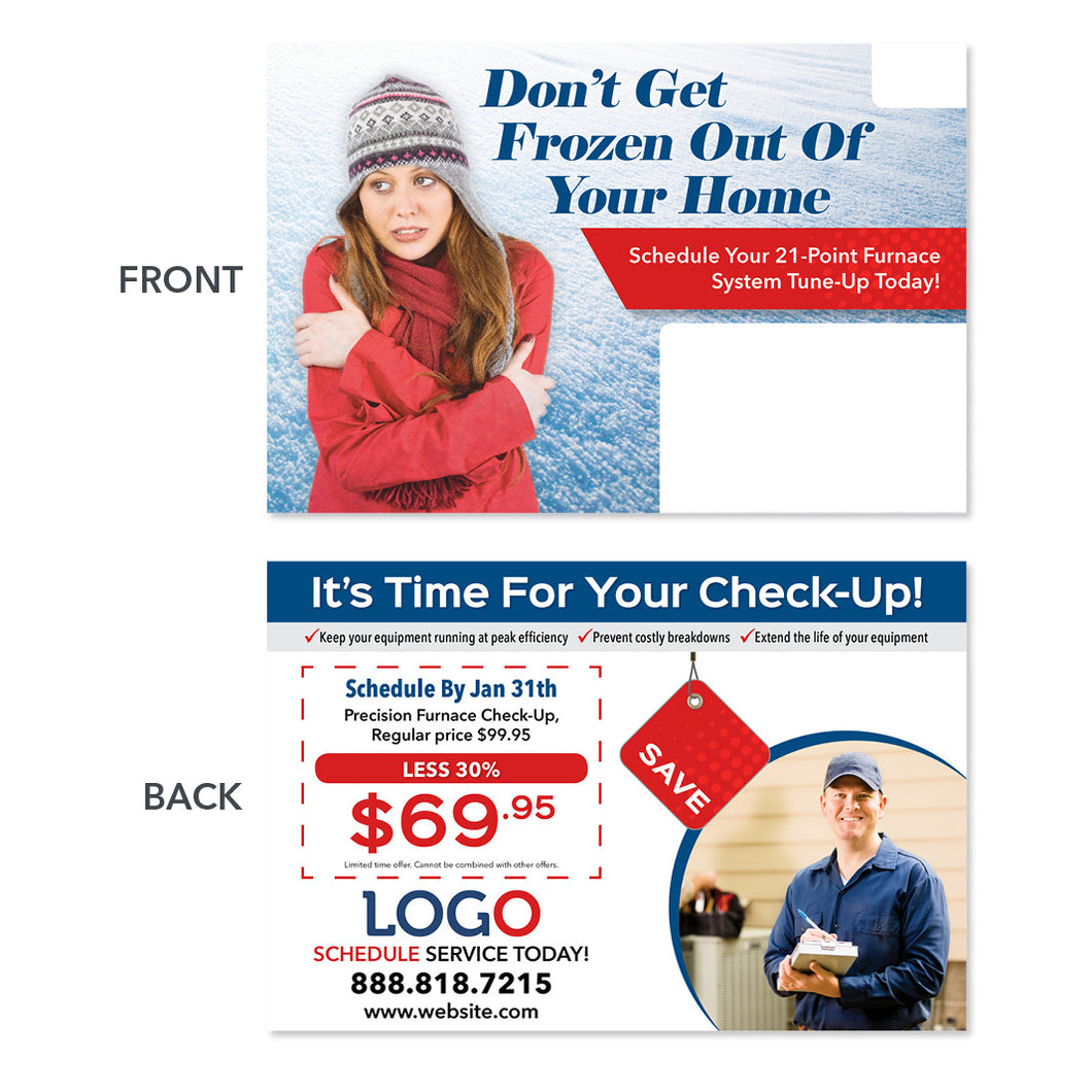 frozen woman heater maintenance hvac postcard