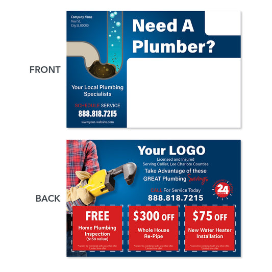 drain cleaning plumbing postcard with wrench