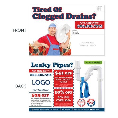 Clogged drain plumbing postcard with toilet