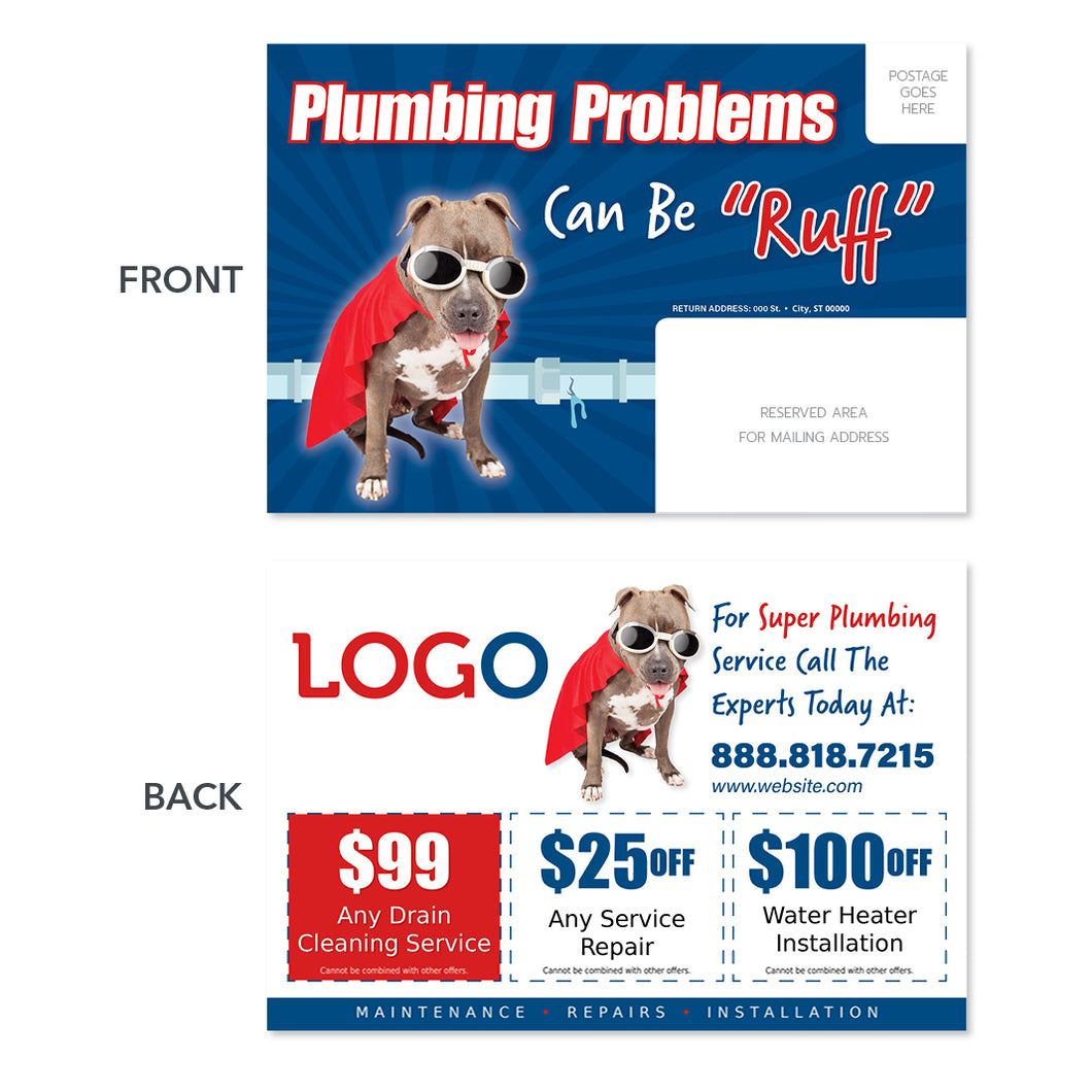 plumbing repair postcard with dog