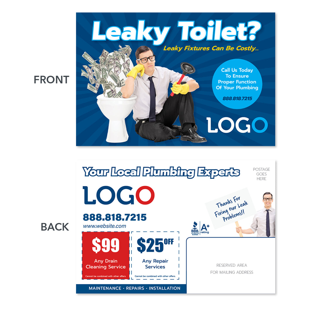 leaky toilet postcard design for plumbers
