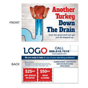 Thanksgiving plumbers postcard for drain cleaning